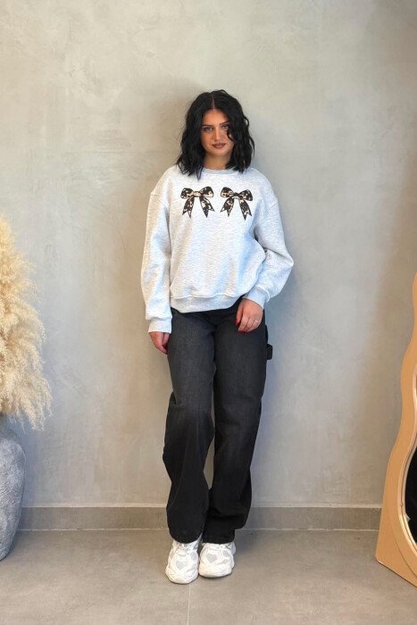 ONE COLOR BOW DETAILS FLUFFY WOMAN SWEATSHIRT LIGHT GREY/GZ - 5
