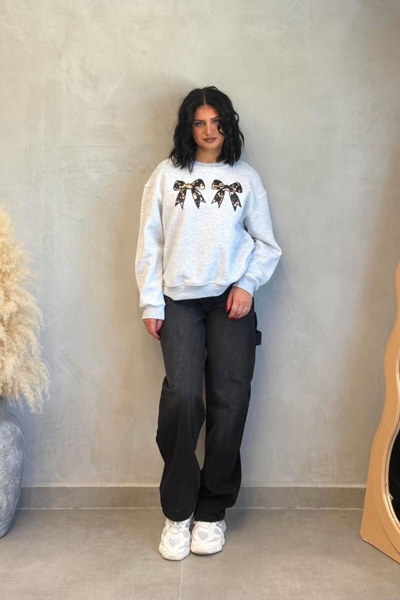 ONE COLOR BOW DETAILS FLUFFY WOMAN SWEATSHIRT LIGHT GREY/GZ - 5