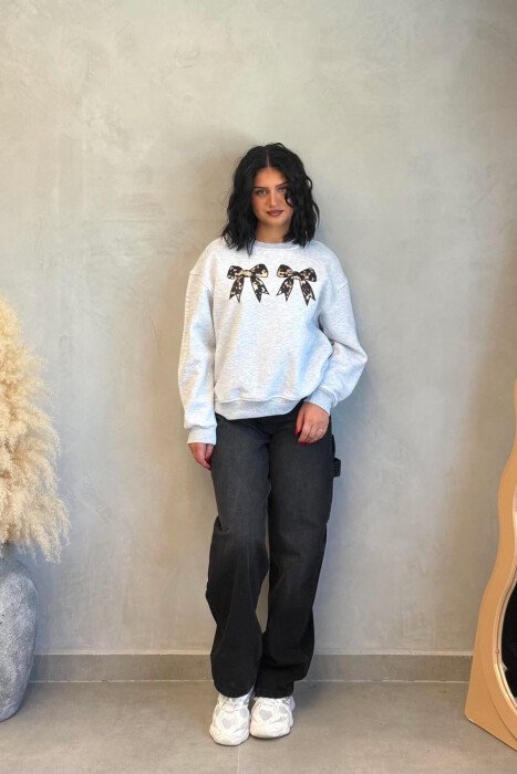 ONE COLOR BOW DETAILS FLUFFY WOMAN SWEATSHIRT LIGHT GREY/GZ - 6