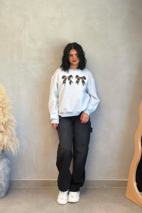 ONE COLOR BOW DETAILS FLUFFY WOMAN SWEATSHIRT LIGHT GREY/GZ - 7