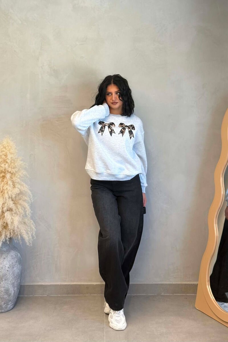 ONE COLOR BOW DETAILS FLUFFY WOMAN SWEATSHIRT LIGHT GREY/GZ - 8