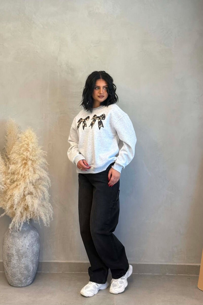 ONE COLOR BOW DETAILS FLUFFY WOMAN SWEATSHIRT LIGHT GREY/GZ - 9