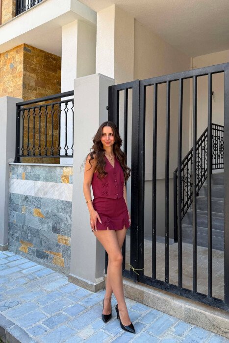 ONE COLOR BOW DETAILS VEST + SKORTS WOMAN SET BURGUNDY/VISHNJE - 2