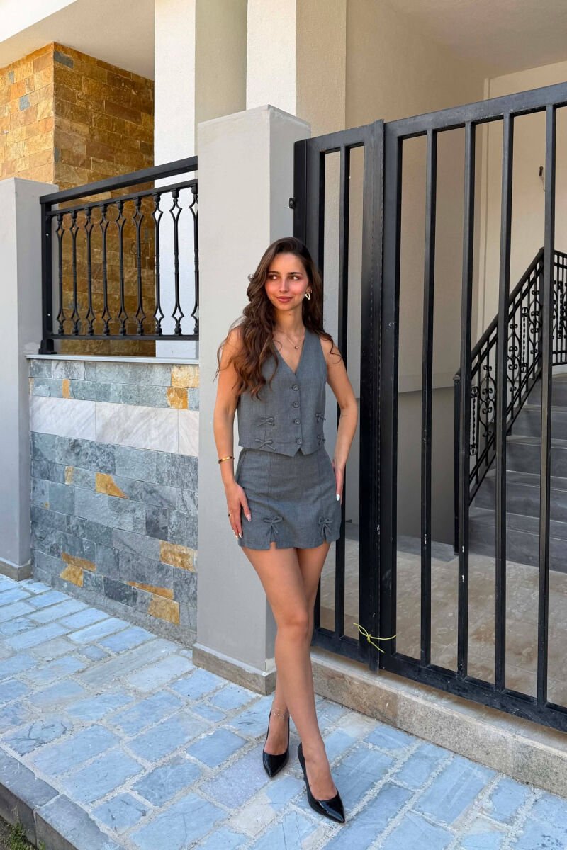 ONE COLOR BOW DETAILS VEST + SKORTS WOMAN SET DARK GREY/GEE - 4