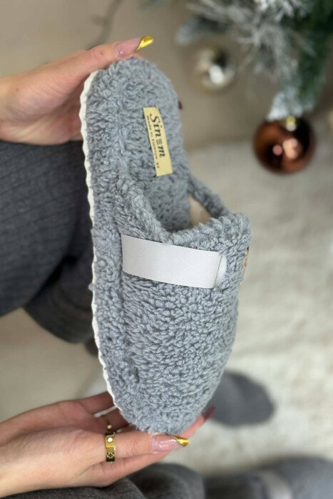 ONE COLOR BUCKLE DETAIL TEDDY WOMAN SLIPPERS DARK GREY/GEE - 2