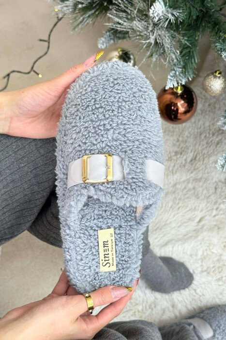ONE COLOR BUCKLE DETAIL TEDDY WOMAN SLIPPERS DARK GREY/GEE - 5