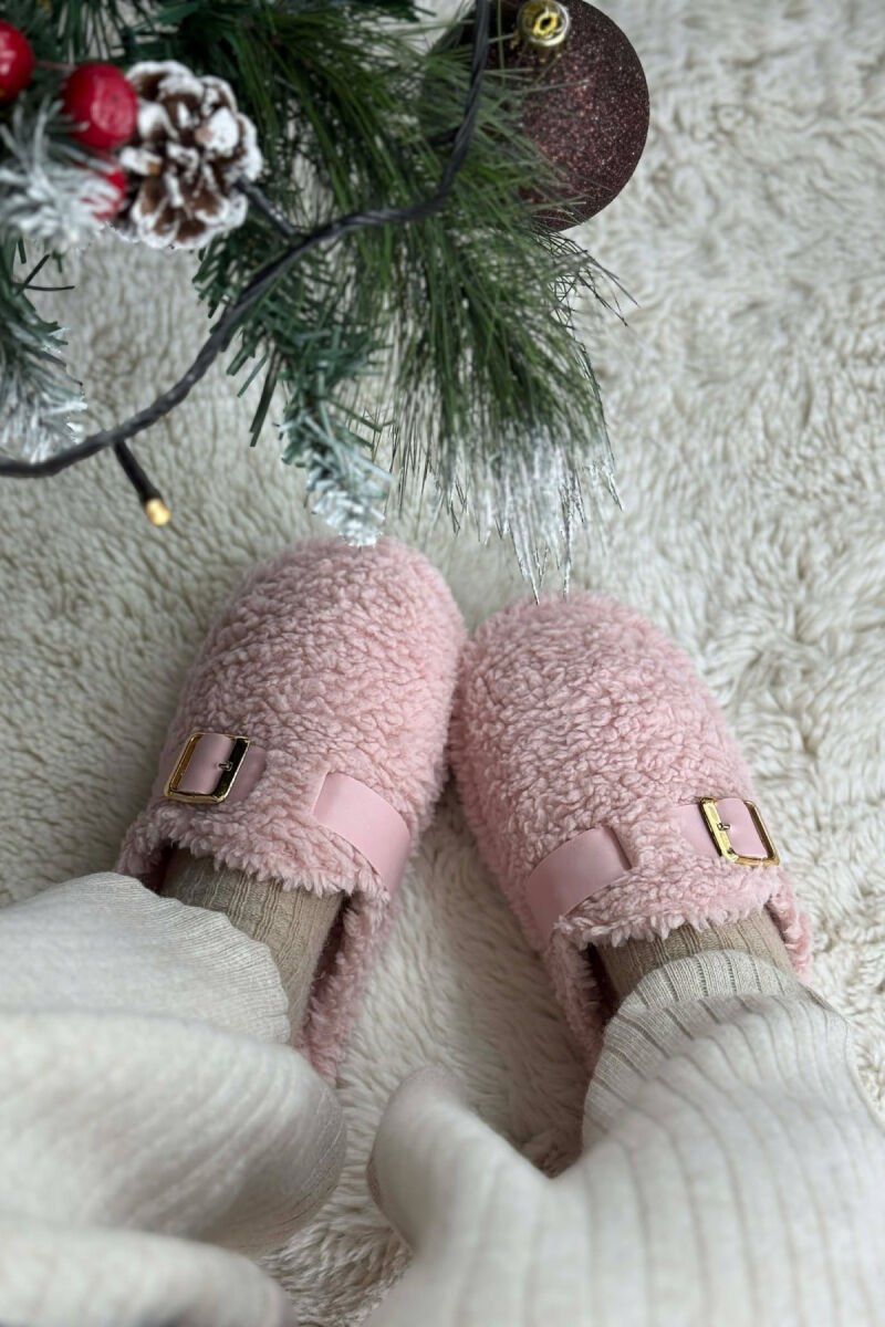ONE COLOR BUCKLE DETAIL TEDDY WOMAN SLIPPERS POWDER/PUDER - 3