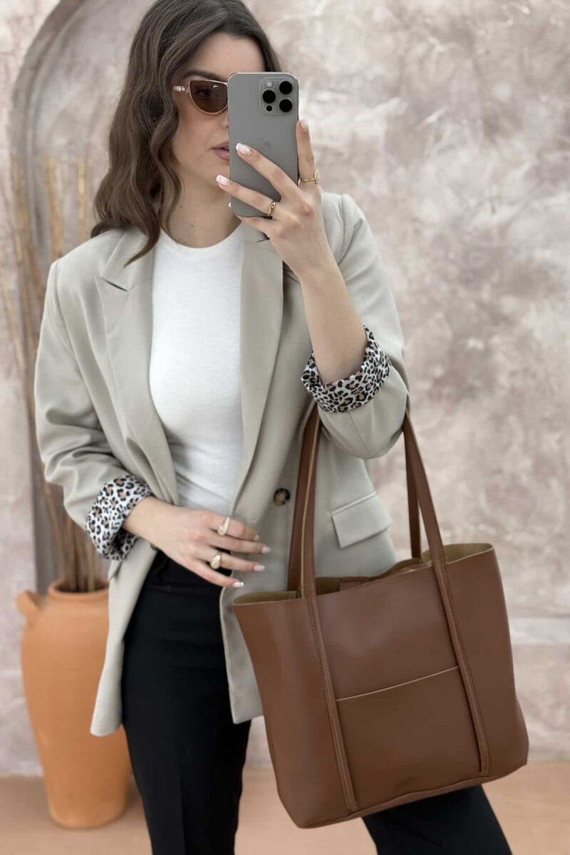 ONE COLOR BUTTON LEATHER WOMEN BAG BROWN/KAFE - 2