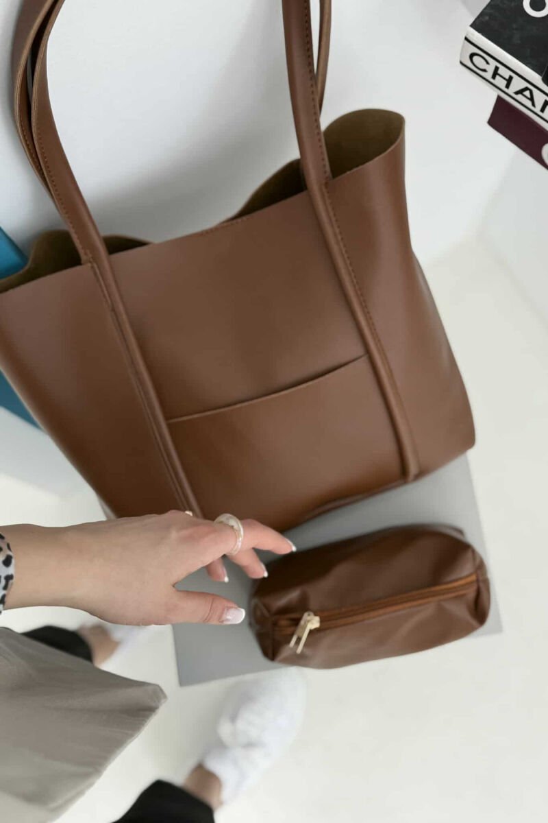 ONE COLOR BUTTON LEATHER WOMEN BAG BROWN/KAFE - 5
