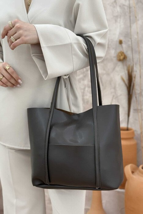 ONE COLOR BUTTON LEATHER WOMEN BAG DARK BROWN/KAE 