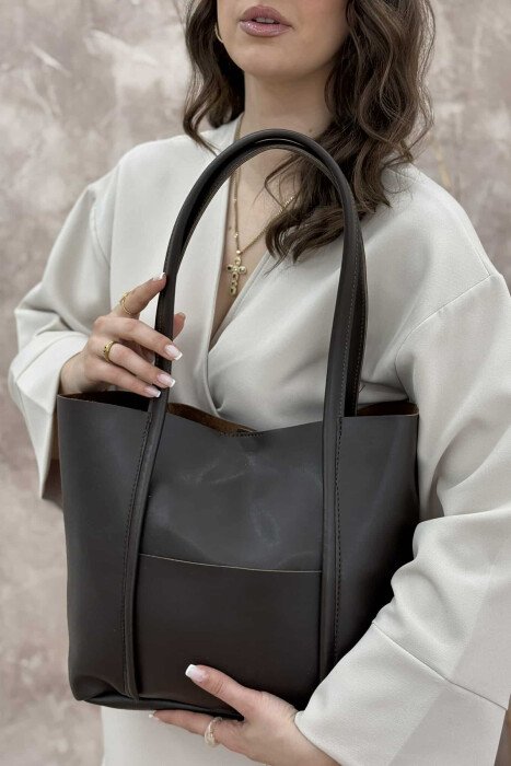 ONE COLOR BUTTON LEATHER WOMEN BAG DARK BROWN/KAE - 3
