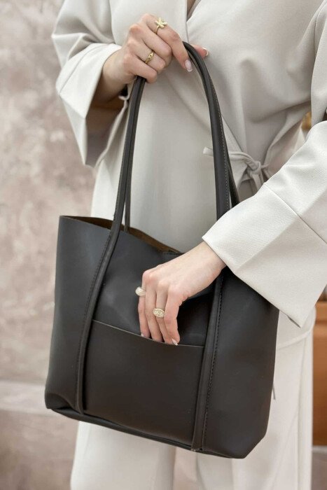 ONE COLOR BUTTON LEATHER WOMEN BAG DARK BROWN/KAE - 4