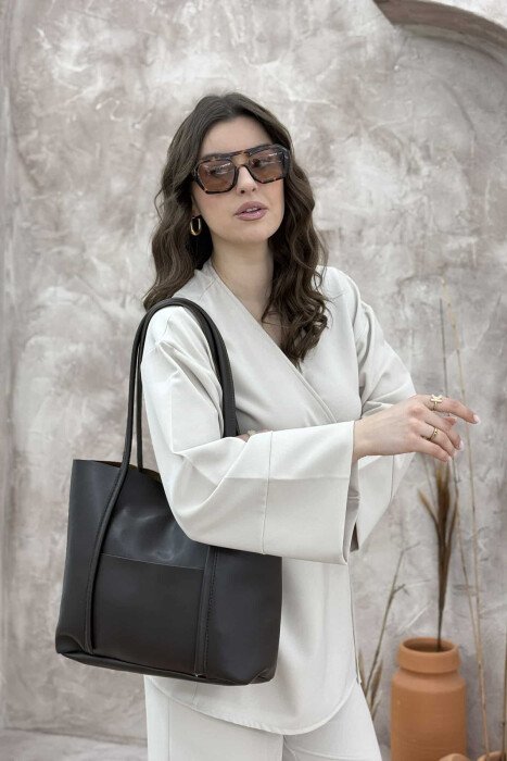 ONE COLOR BUTTON LEATHER WOMEN BAG DARK BROWN/KAE - 5