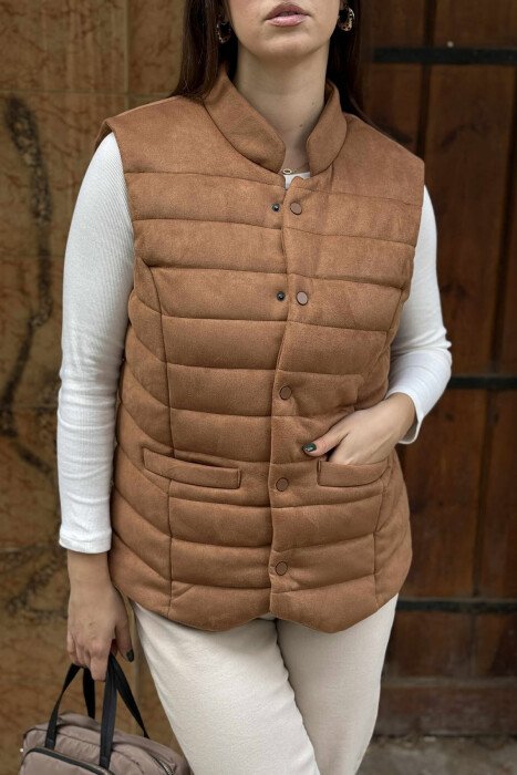 ONE COLOR BUTTON UP CHAMOIS PUFFER WOMEN VEST WITH POCKETS BROWN/KAFE - 1