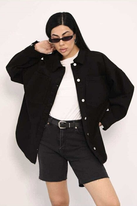 ONE COLOR BUTTON WOMEN DENIM JACKET BLACK/ E ZEZE 