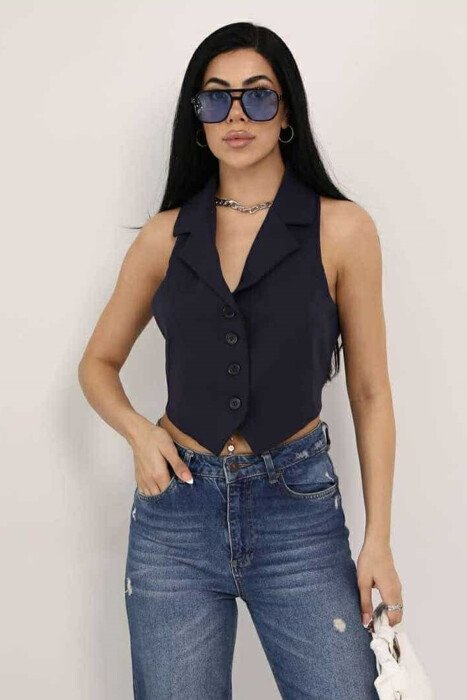 ONE COLOR BUTTON WOMEN VEST DARK BLUE/BEE - 3