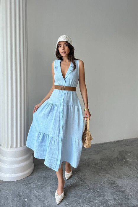 ONE COLOR BUTTONED LONG WOMAN DRESS BABY BLUE/BLU BY - 1