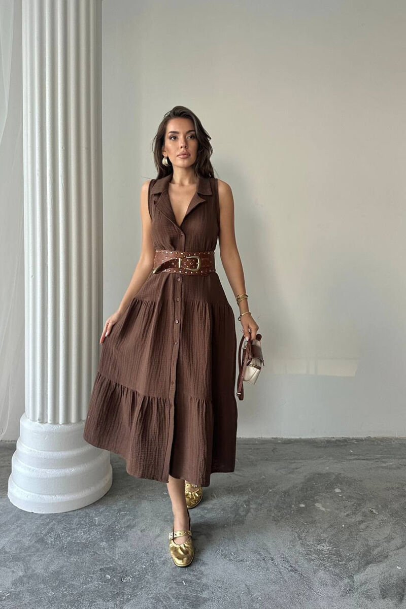 ONE COLOR BUTTONED LONG WOMAN DRESS BROWN/KAFE - 1