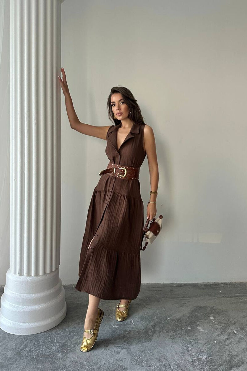 ONE COLOR BUTTONED LONG WOMAN DRESS BROWN/KAFE - 4