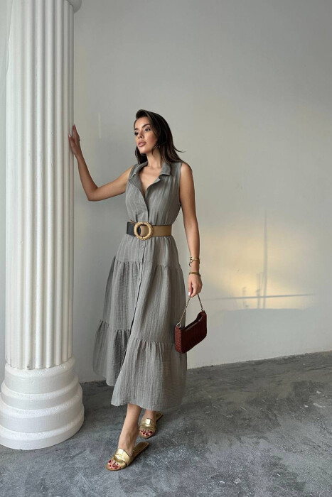 ONE COLOR BUTTONED LONG WOMAN DRESS GREY/GRI - 2