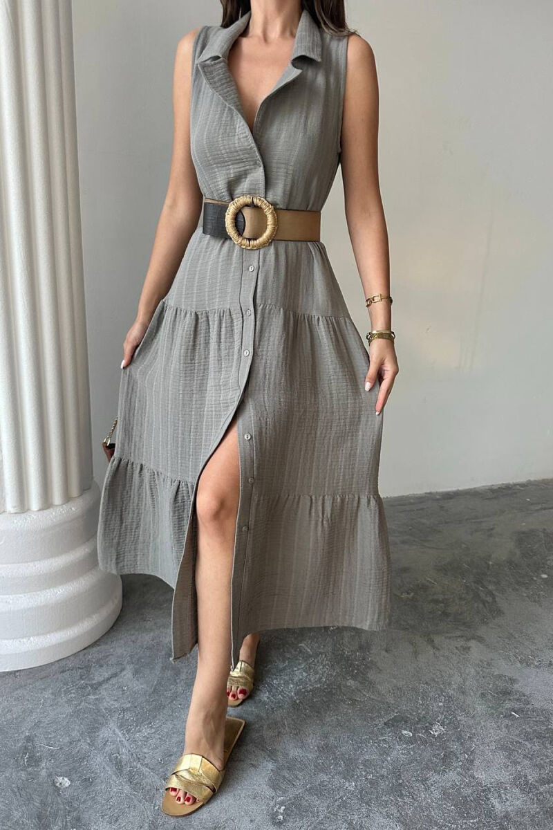 ONE COLOR BUTTONED LONG WOMAN DRESS GREY/GRI - 4
