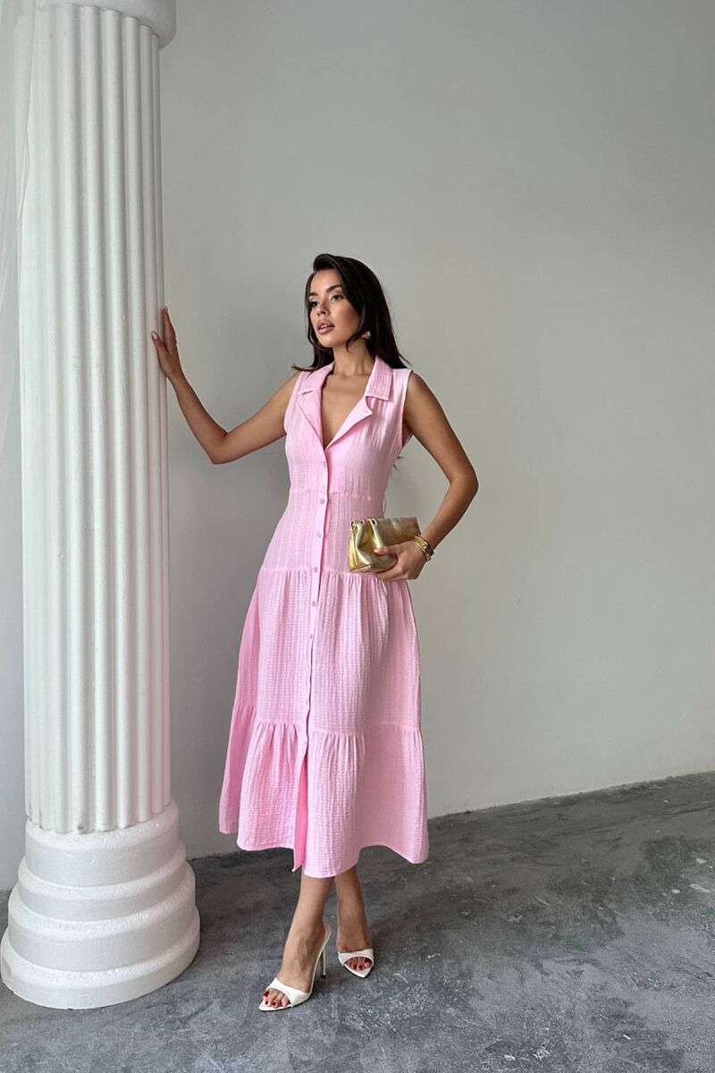 ONE COLOR BUTTONED LONG WOMAN DRESS PINK/ROZE - 4