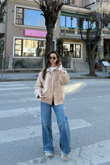 ONE COLOR BUTTONED AND ZIPPER WOMEN JACKET BEIGE/BEZHE - 2