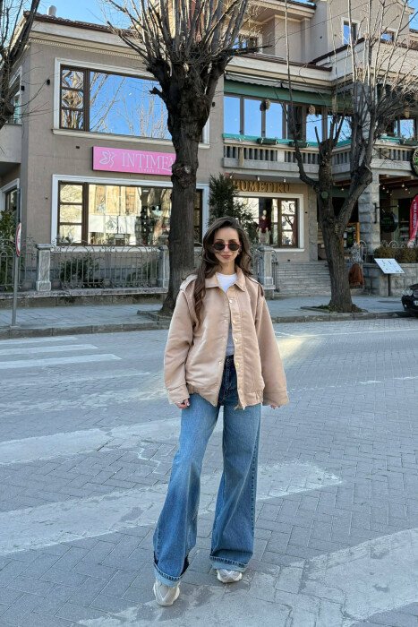 ONE COLOR BUTTONED AND ZIPPER WOMEN JACKET BEIGE/BEZHE - 3