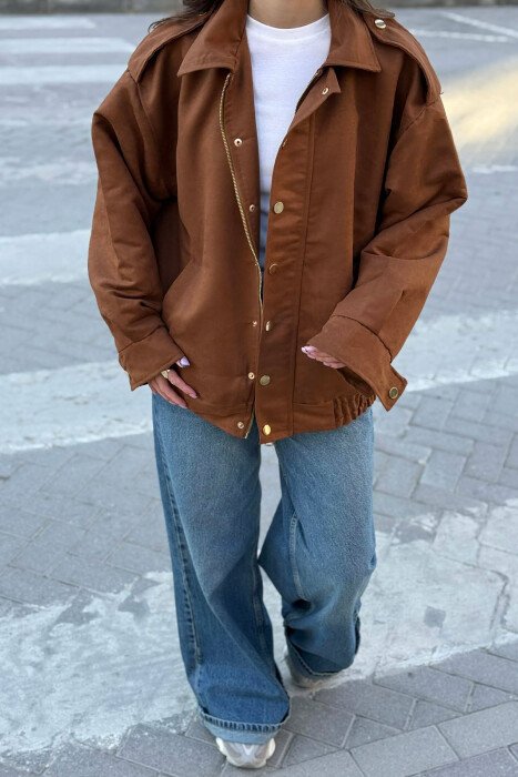 ONE COLOR BUTTONED AND ZIPPER WOMEN JACKET BROWN/KAFE - 4