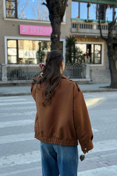 ONE COLOR BUTTONED AND ZIPPER WOMEN JACKET BROWN/KAFE - 5
