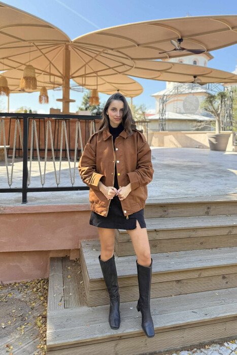 ONE COLOR BUTTONED AND ZIPPER WOMEN JACKET BROWN/KAFE - 7