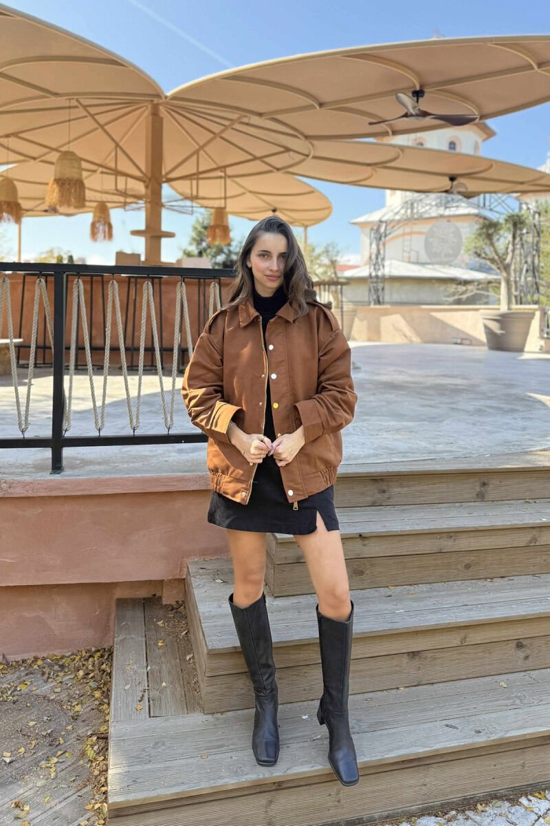 ONE COLOR BUTTONED AND ZIPPER WOMEN JACKET BROWN/KAFE - 7