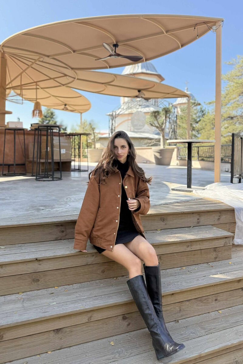 ONE COLOR BUTTONED AND ZIPPER WOMEN JACKET BROWN/KAFE - 8