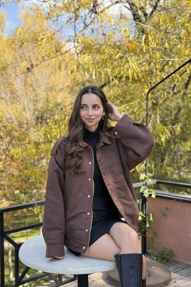 ONE COLOR BUTTONED AND ZIPPER WOMEN JACKET DARK BROWN/KAE - 5