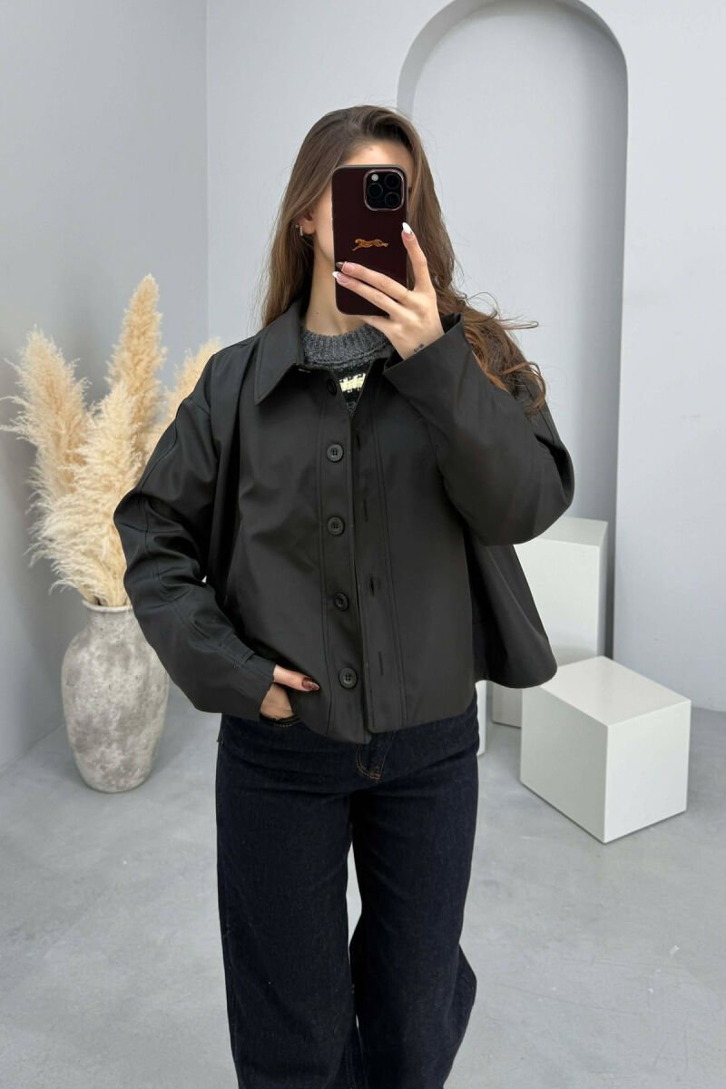 ONE COLOR BUTTONED CROPPED WOMAN COAT BLACK/ E ZEZE - 1