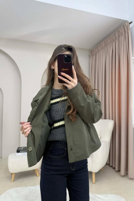 ONE COLOR BUTTONED CROPPED WOMAN COAT GREEN/JESHILE - 4