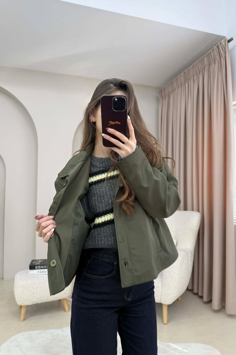 ONE COLOR BUTTONED CROPPED WOMAN COAT GREEN/JESHILE - 4