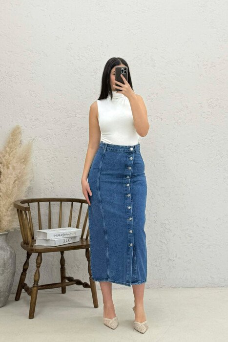 ONE COLOR BUTTONED DENIM WOMEN SKIRT BLUE/BLU - 1