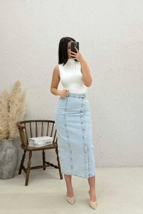 ONE COLOR BUTTONED DENIM WOMEN SKIRT LIGHTBLUE/BZ - 1