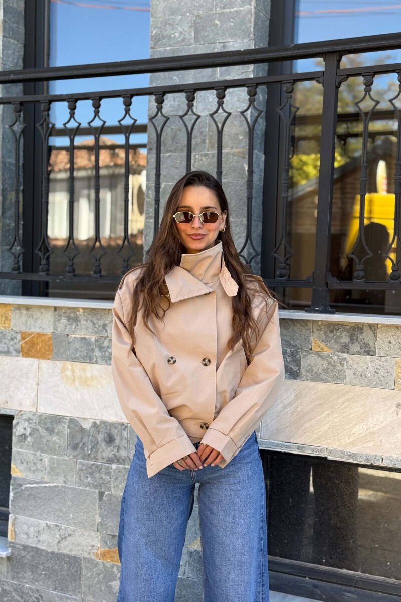 ONE COLOR BUTTONED ELASTIC WAIST WOMEN JACKET BEIGE/BEZHE - 1