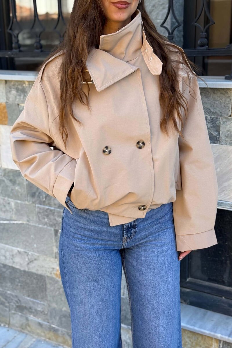 ONE COLOR BUTTONED ELASTIC WAIST WOMEN JACKET BEIGE/BEZHE - 2