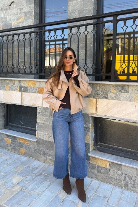 ONE COLOR BUTTONED ELASTIC WAIST WOMEN JACKET BEIGE/BEZHE - 3