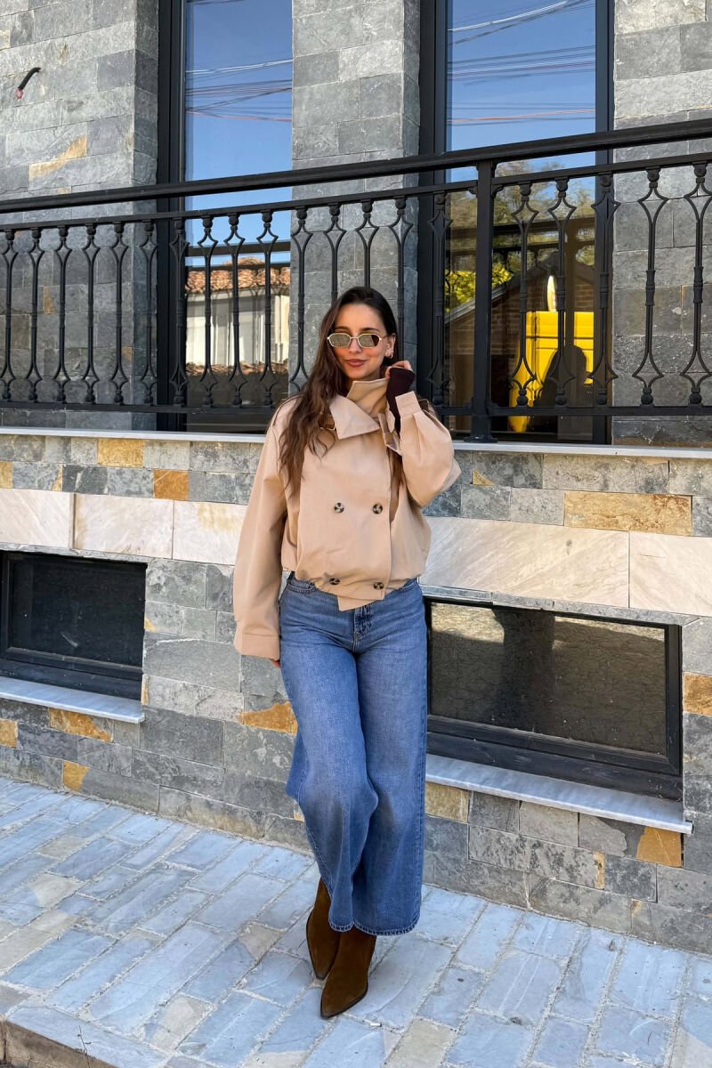 ONE COLOR BUTTONED ELASTIC WAIST WOMEN JACKET BEIGE/BEZHE - 4