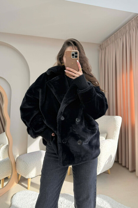ONE COLOR BUTTONED FAUX FUR SHORT WOMAN COAT BLACK/ E ZEZE - 1