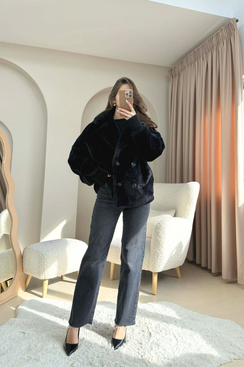 ONE COLOR BUTTONED FAUX FUR SHORT WOMAN COAT BLACK/ E ZEZE - 4