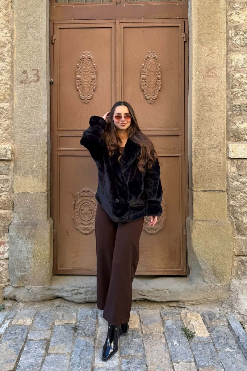 ONE COLOR BUTTONED FAUX FUR SHORT WOMAN COAT BLACK/ E ZEZE - 4