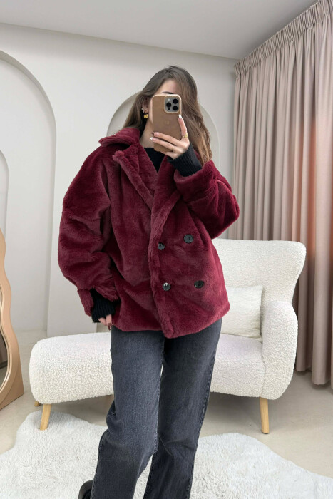 ONE COLOR BUTTONED FAUX FUR SHORT WOMAN COAT BURGUNDY/VISHNJE 