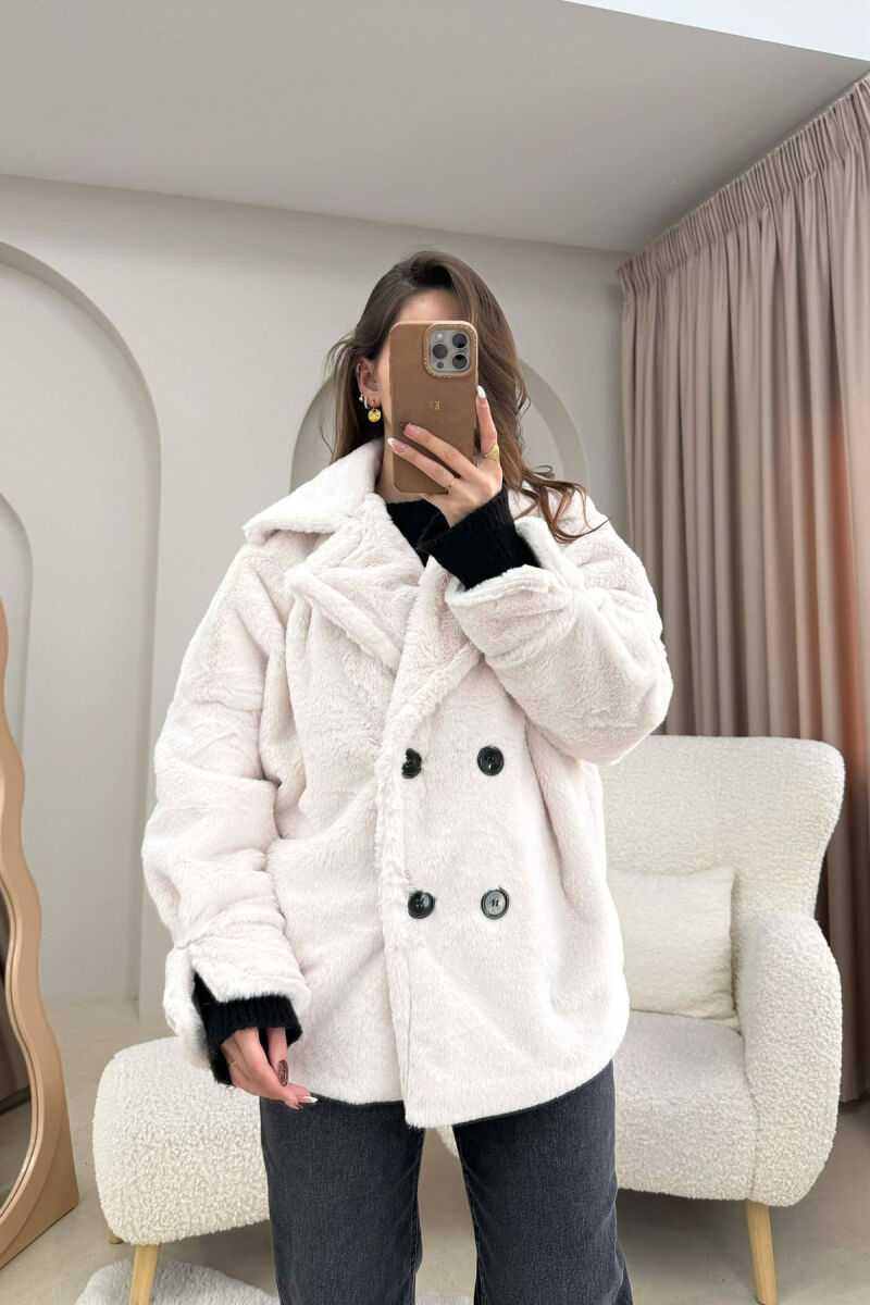 ONE COLOR BUTTONED FAUX FUR SHORT WOMAN COAT CREAM/KREM - 1