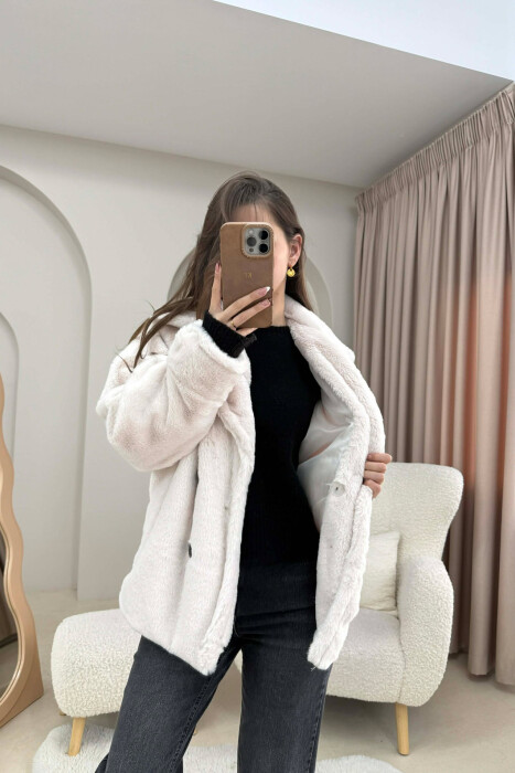 ONE COLOR BUTTONED FAUX FUR SHORT WOMAN COAT CREAM/KREM - 2