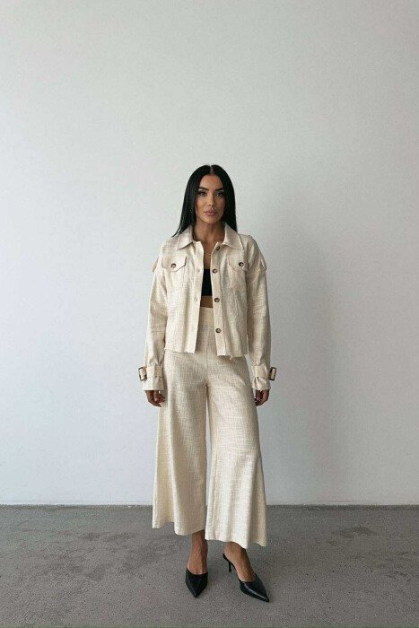 ONE COLOR BUTTONED JACKET+TROUSERS WOMEN SET CREAM/KREM - 1